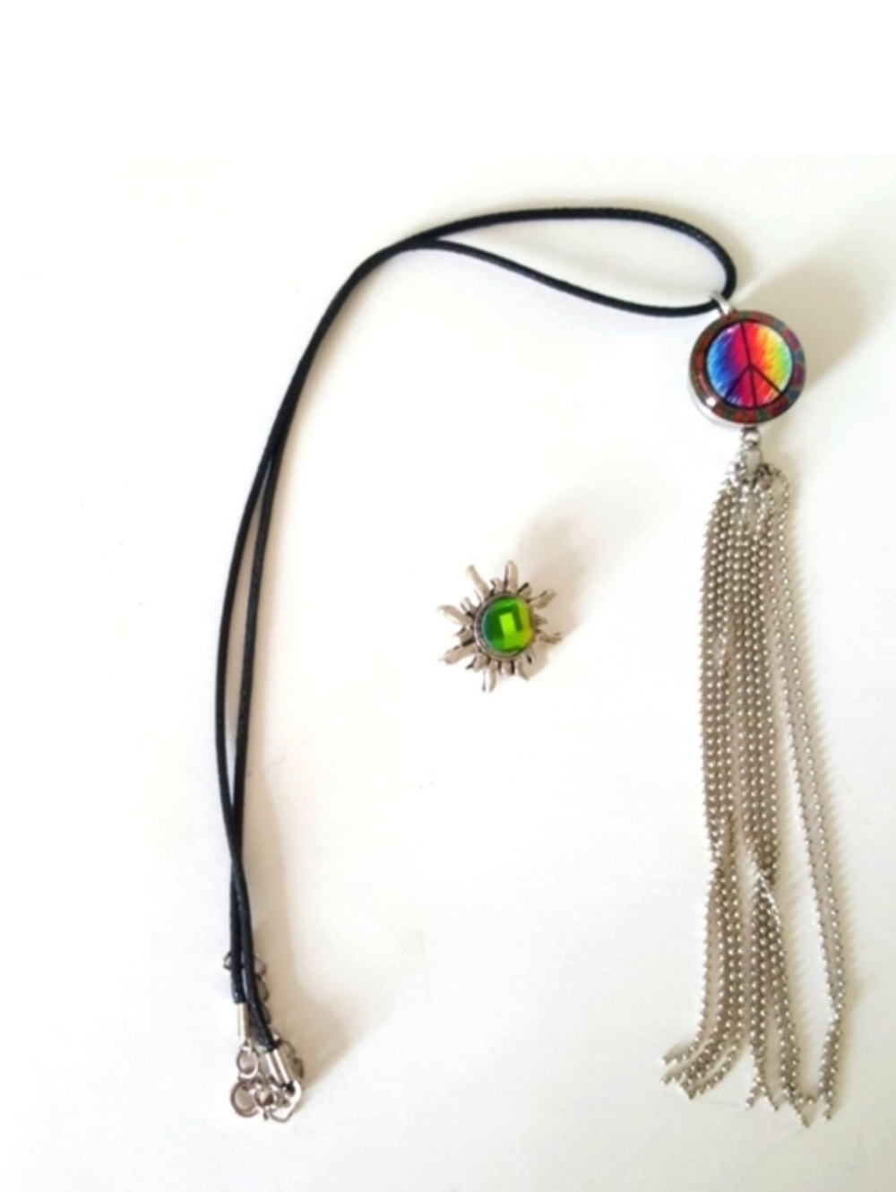 Hippie Fest Boho Peace Sign Changeable Pendant Sun Tassels Necklace Chartreuse